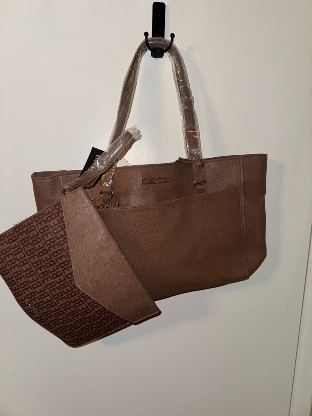 bebe Taupe Brown Tote with Matching Logo Pouch